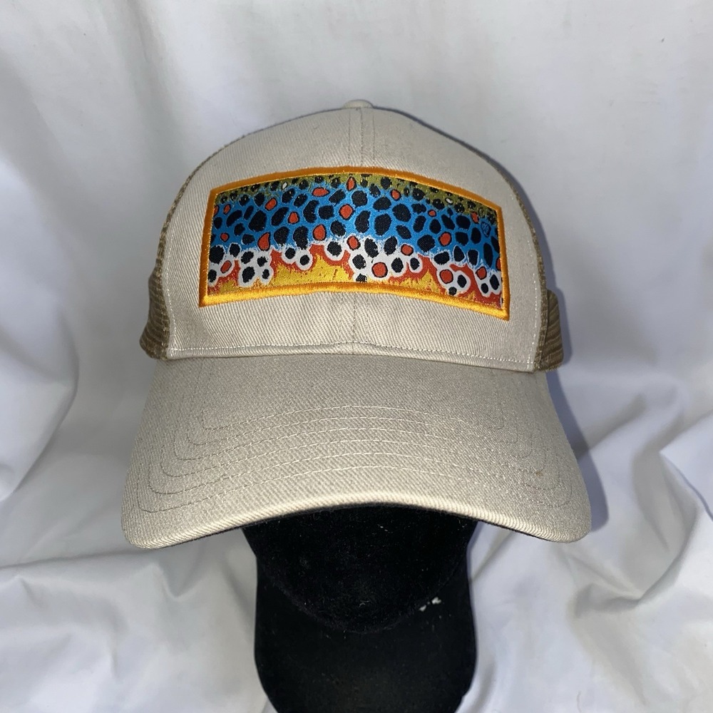Simms Beige Trucker Hat with Blue & Orange Patch